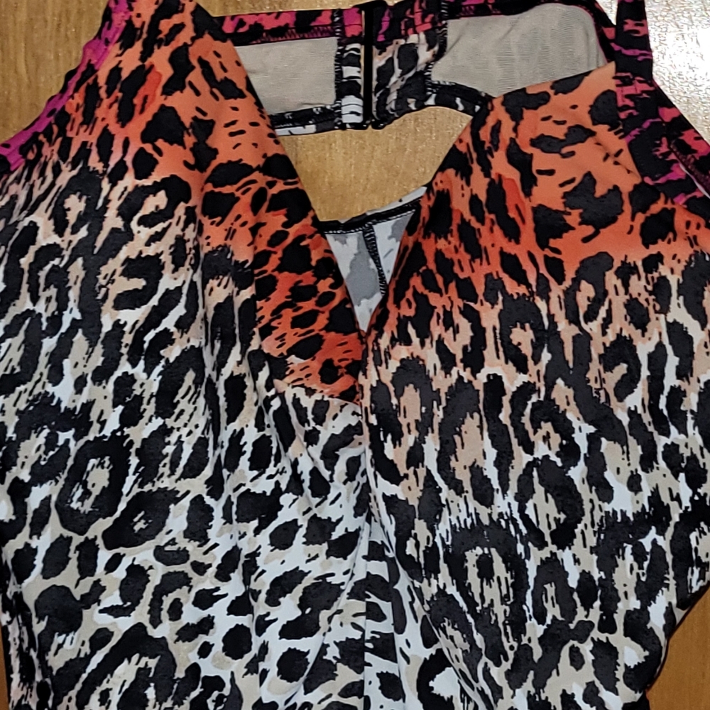 Cacique Leopard Print Swim Tank Top - Pink and Orange - Picture 2 of 7